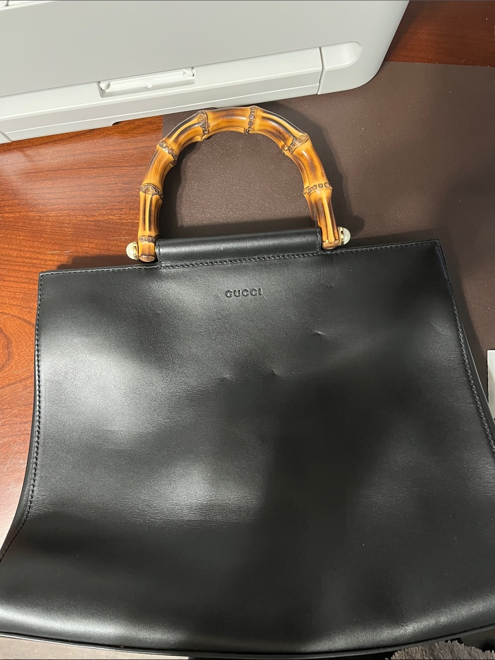 Gucci Nymphaea Black Leather Tote with Bamboo and Pearl Top Handles - COA!